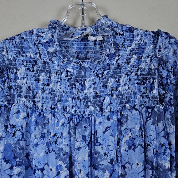 & OTHER STORIES Smocked A-Line Blouse Blue Floral Cottage Boho Chic Sheer Size 4 - Picture 8 of 14